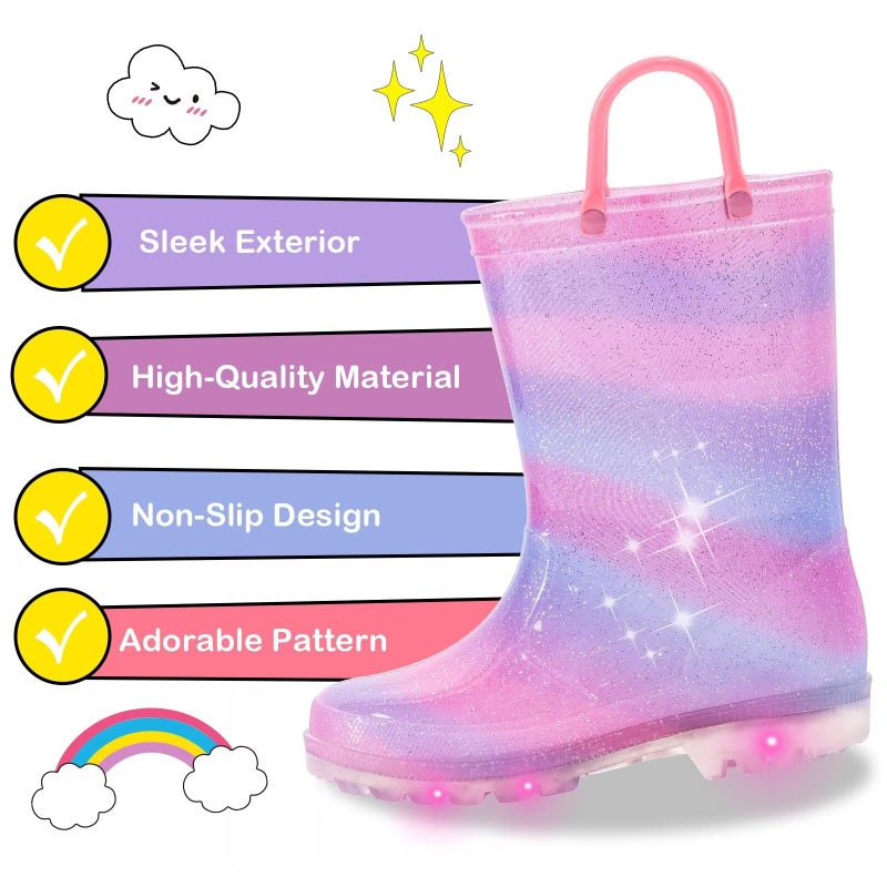 FUNCOO PLUS Toddler Kids Rain Boots Boys Girls Light Up Waterproof Boot with Handles, Toddler Size 9, Pink Purple Blue - Image 2
