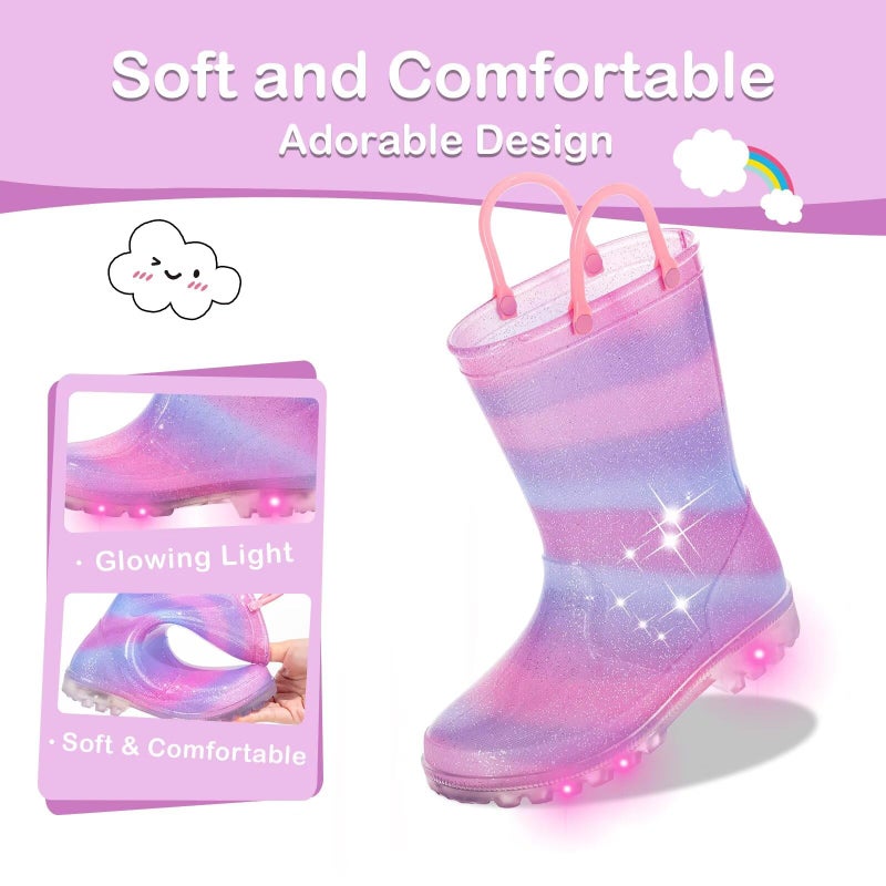 FUNCOO PLUS Toddler Kids Rain Boots Boys Girls Light Up Waterproof Boot with Handles, Toddler Size 9, Pink Purple Blue - Image 5