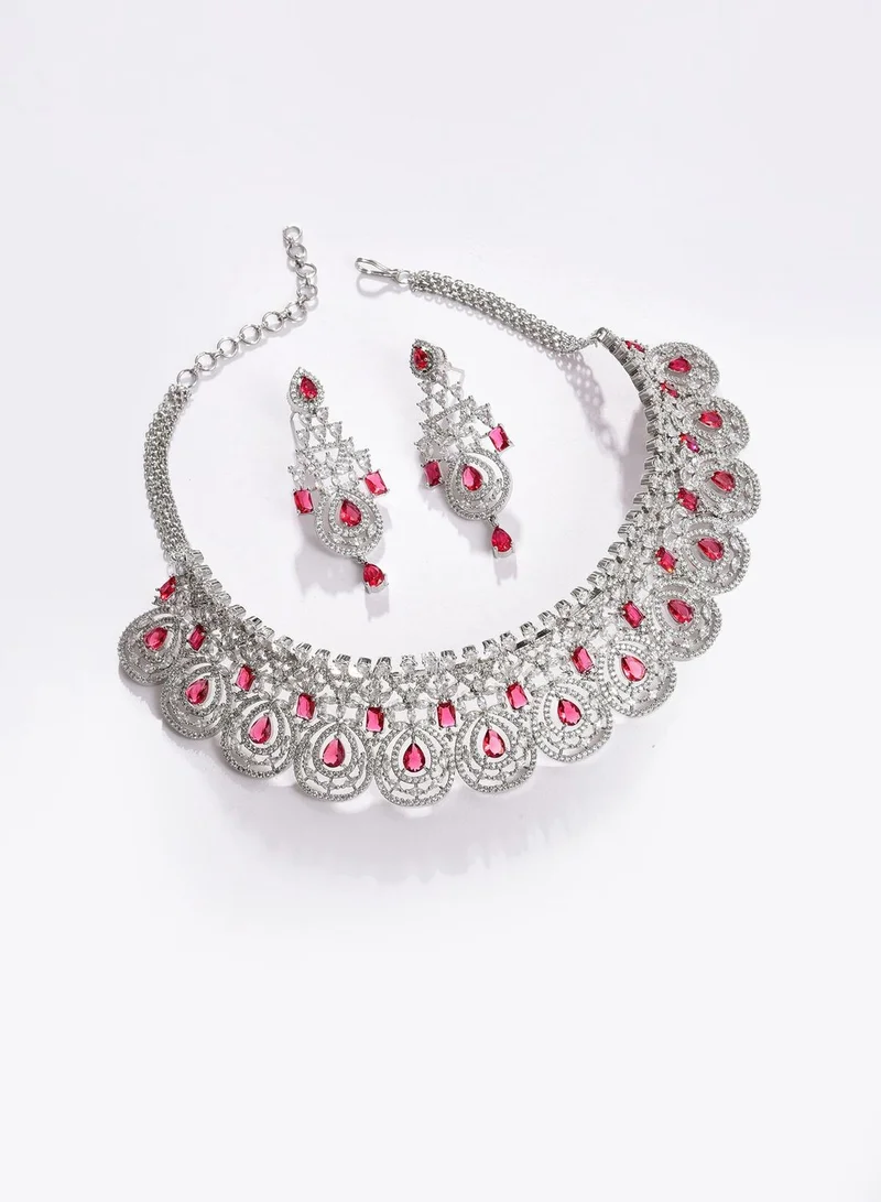 SOHI Silver Plated Designer Stone Necklace and Earring Set