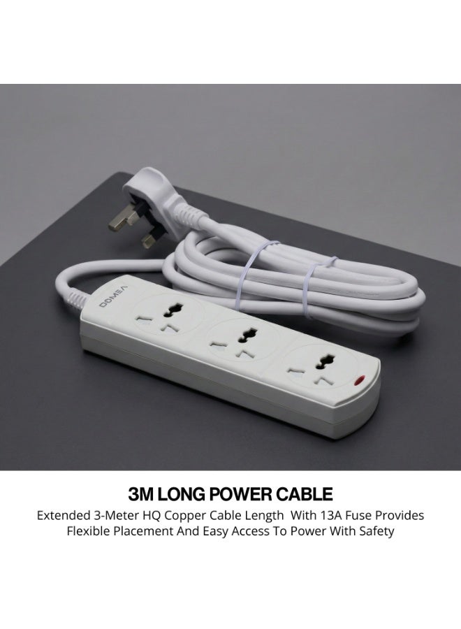 دوميا Multi-Way Power Extension Strip, Universal Socket Design, 3-Meter Cable - Surge Protected, Charging Station for Home, Office, Kitchen, Apartment - White - Image 2