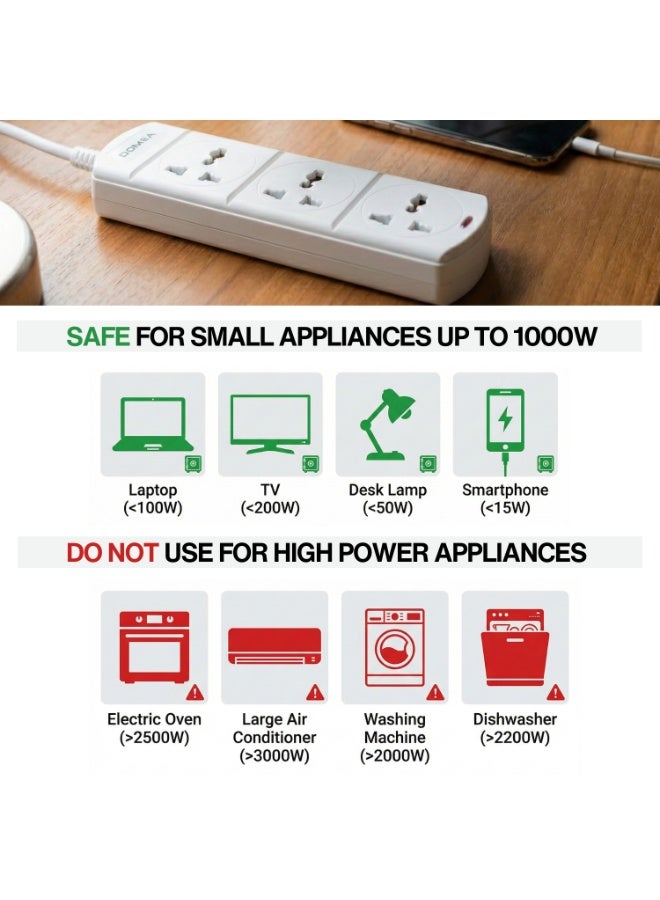 دوميا Multi-Way Power Extension Strip, Universal Socket Design, 3-Meter Cable - Surge Protected, Charging Station for Home, Office, Kitchen, Apartment - White - Image 5