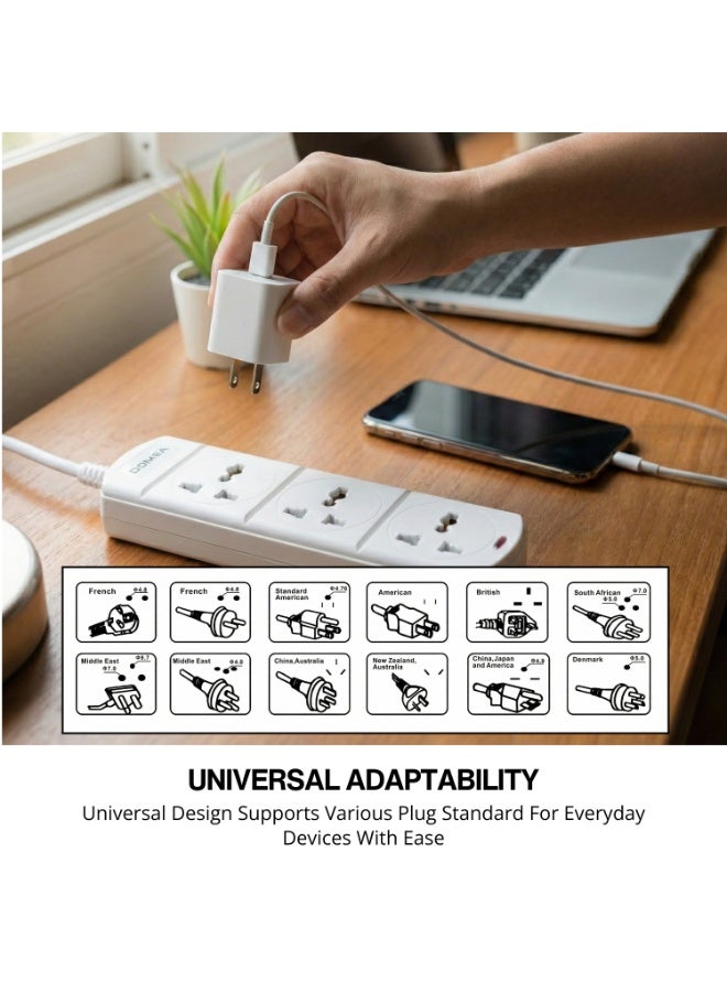 دوميا Multi-Way Power Extension Strip, Universal Socket Design, 3-Meter Cable - Surge Protected, Charging Station for Home, Office, Kitchen, Apartment - White - Image 4