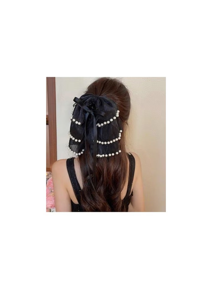 KHAJUL 2-Piece Bow Clip With Pearl for Women Girls' Hair or DIY Hijab (White+black) - Image 3