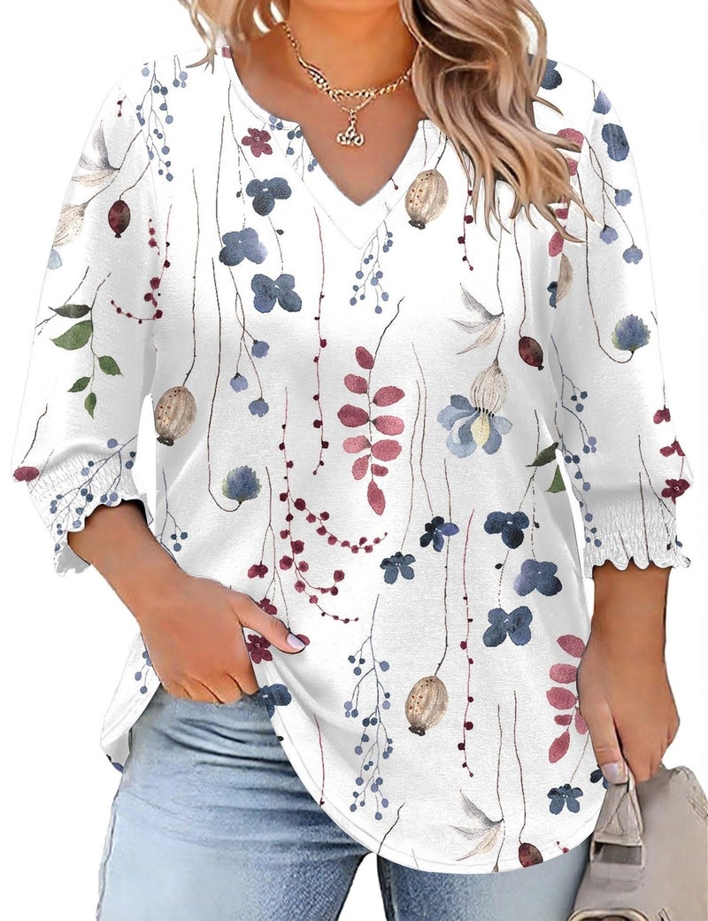 Rapbin Plus Size Blouses for Women 5X Ladies 3/4 Sleeve V Neck Floral T Shirts Casual Loose Fitting Peasant Blouse (White Floral 5XL) - Image 1
