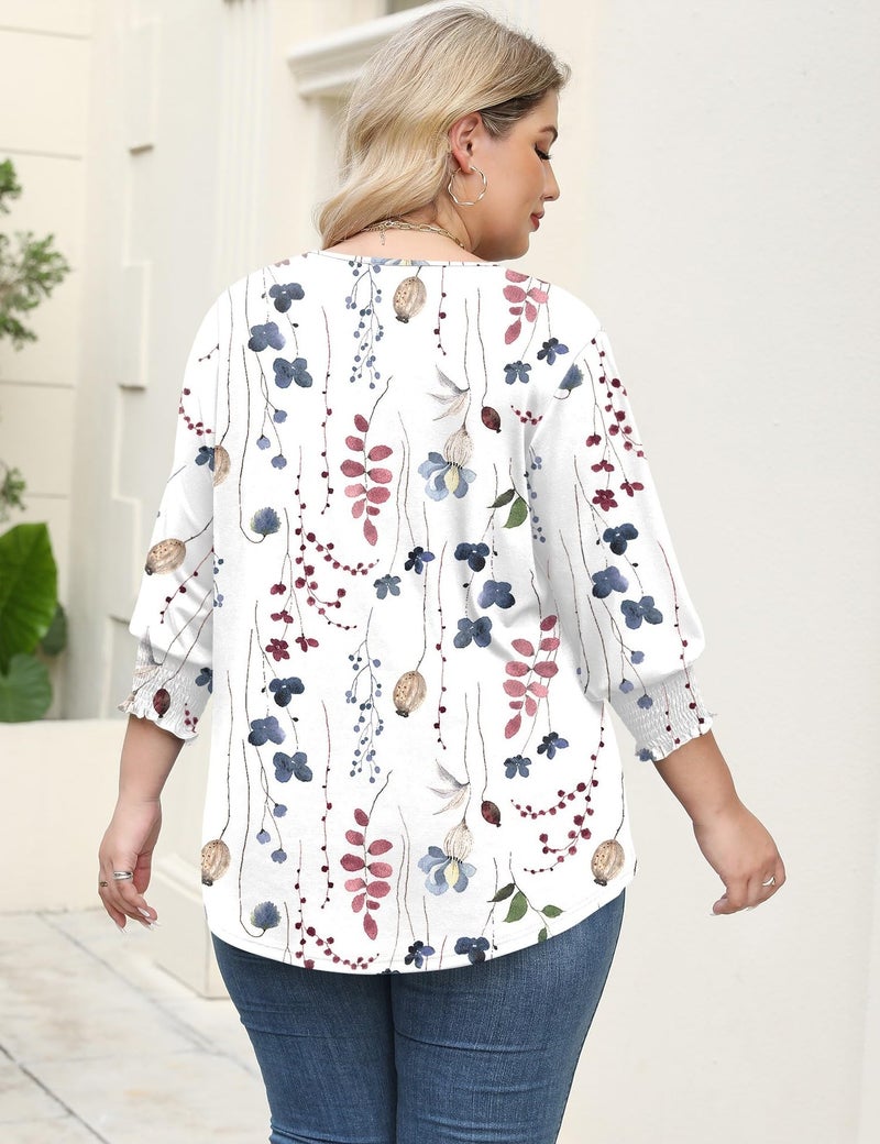 Rapbin Plus Size Blouses for Women 5X Ladies 3/4 Sleeve V Neck Floral T Shirts Casual Loose Fitting Peasant Blouse (White Floral 5XL) - Image 4
