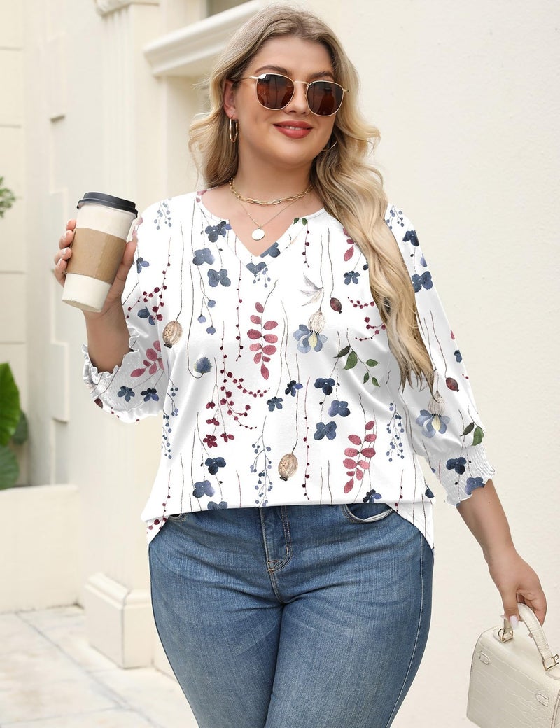 Rapbin Plus Size Blouses for Women 5X Ladies 3/4 Sleeve V Neck Floral T Shirts Casual Loose Fitting Peasant Blouse (White Floral 5XL) - Image 3