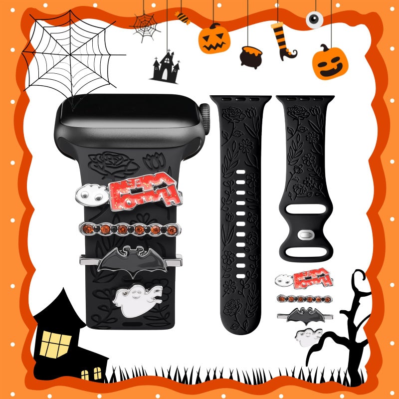 DaQin Halloween Engraved Band Compatible with Apple Watch Bands for Women 40mm 38mm 41mm 42mm,Soft Silicone Strap With Dressy Decorative Apple Watch Charms for iWatch Series 11 10 9 8 7 6 5 4 3 2 1 SE - Image 1