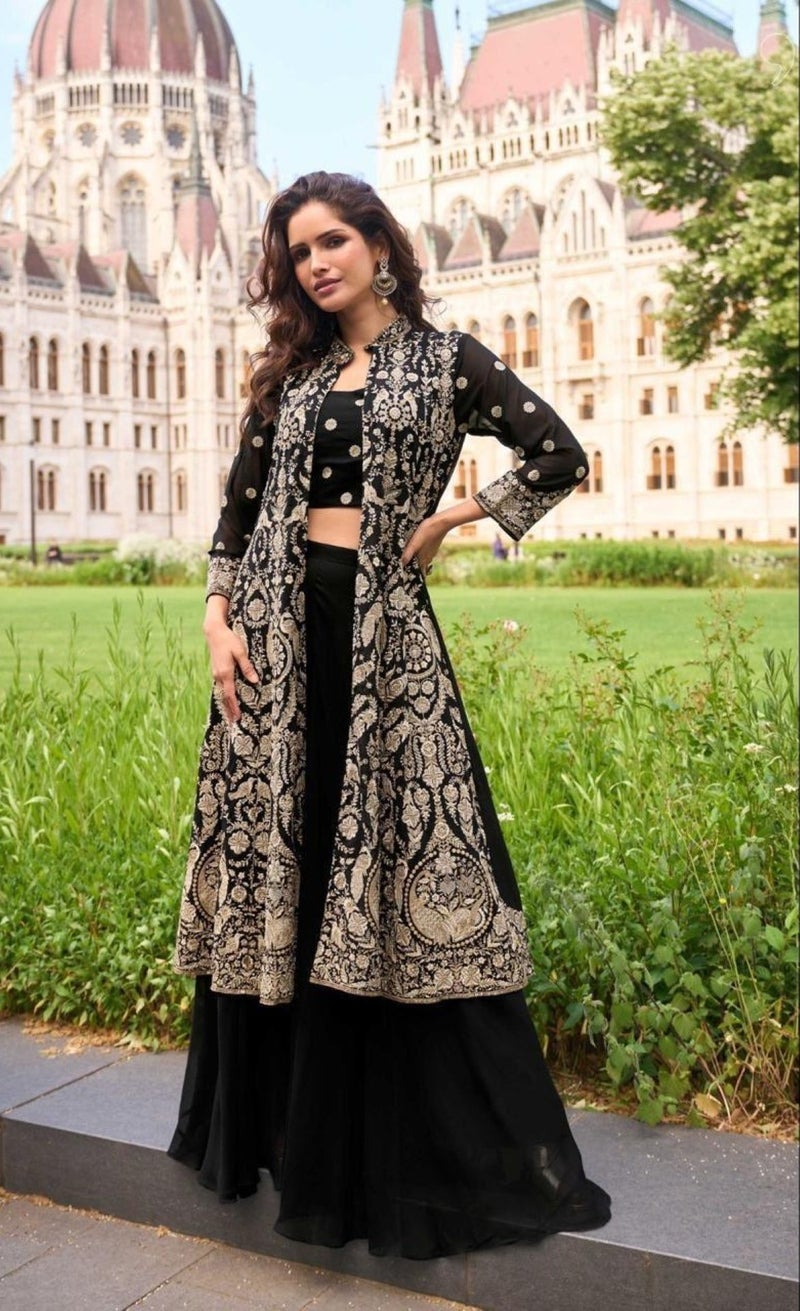 ANAITA Black Georgette Free Size Stitched Suit with Embroidery & Beats Work - Image 1