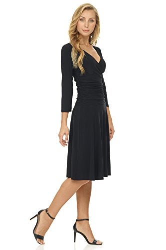 Rekucci Women's Slimming 3/4 Sleeve Fit-and-Flare Crossover Tummy Control Dress (10, Black) - Image 2