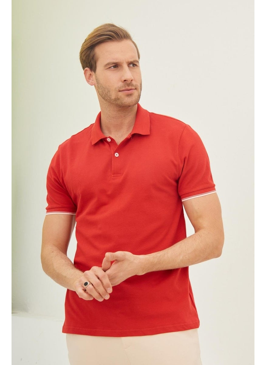 Odelon Men's Interstitial Collar Detailed Cotton Polo Collar T-Shirt Red  - Image 1