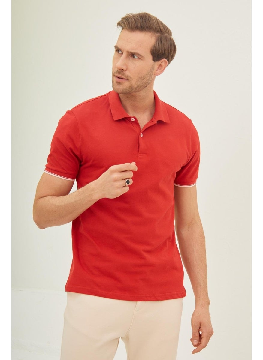 Odelon Men's Interstitial Collar Detailed Cotton Polo Collar T-Shirt Red  - Image 2