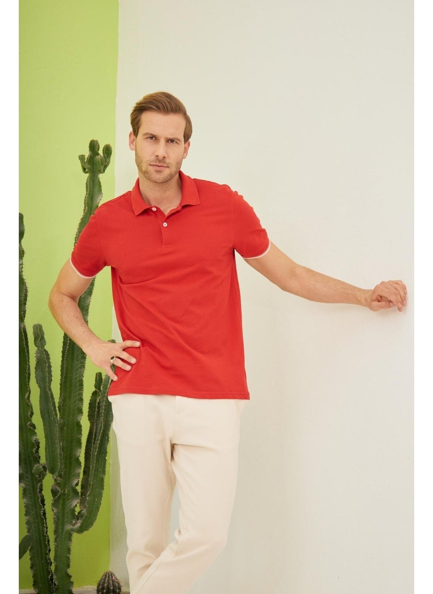 Odelon Men's Interstitial Collar Detailed Cotton Polo Collar T-Shirt Red  - Image 3