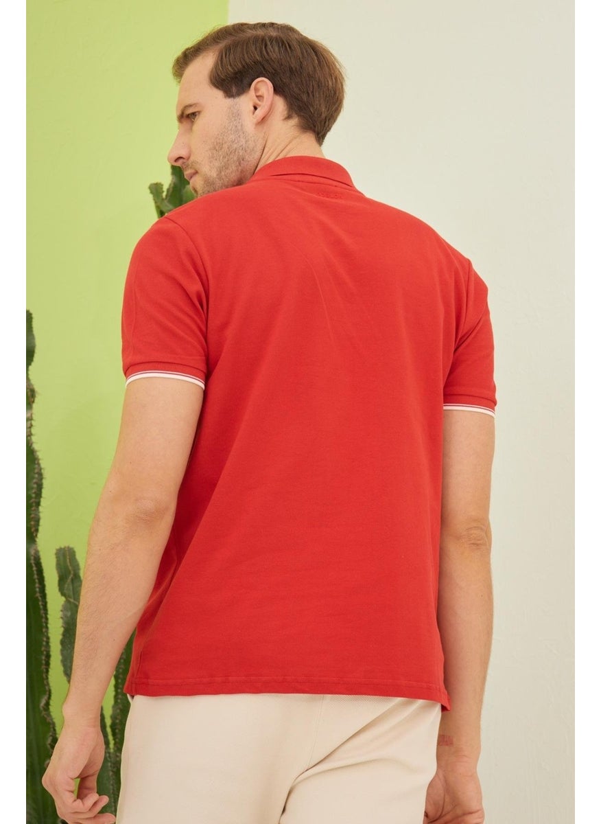 Odelon Men's Interstitial Collar Detailed Cotton Polo Collar T-Shirt Red  - Image 4