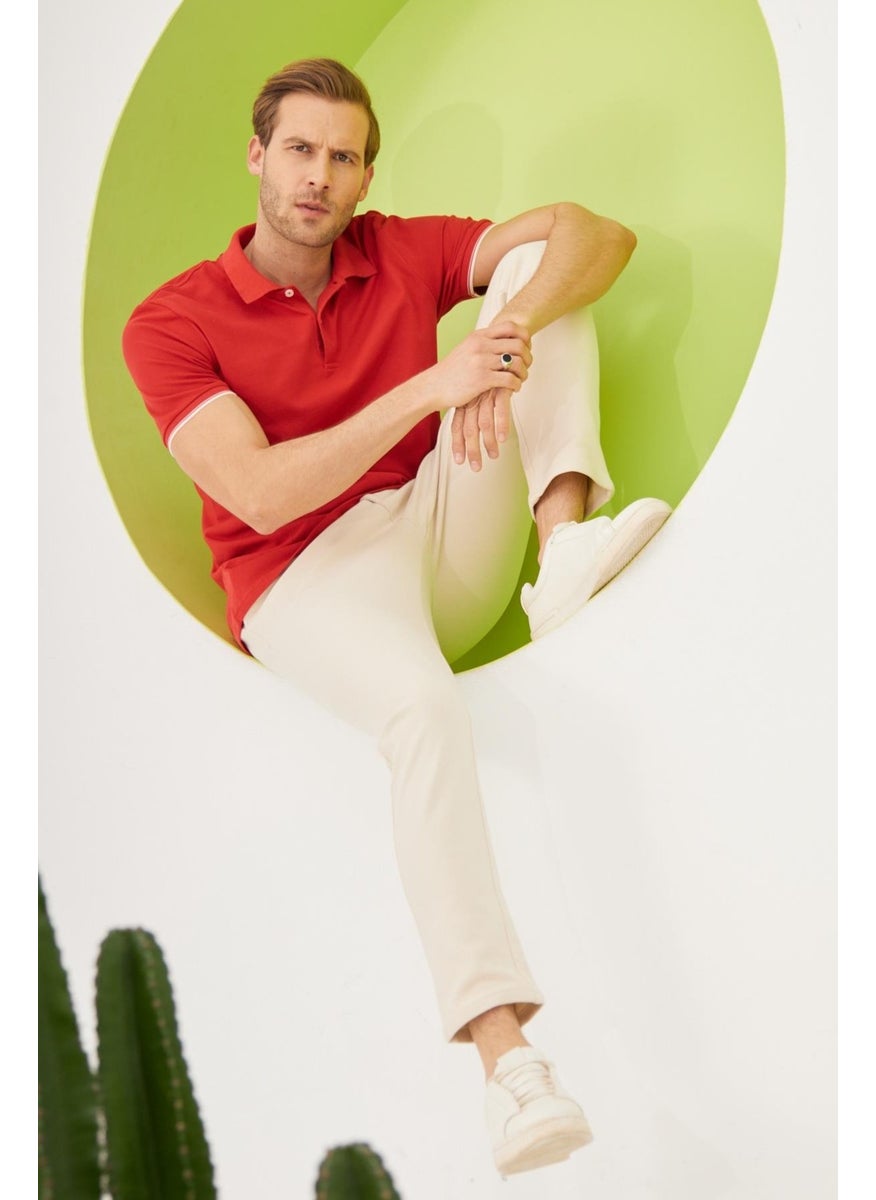 Odelon Men's Interstitial Collar Detailed Cotton Polo Collar T-Shirt Red  - Image 5
