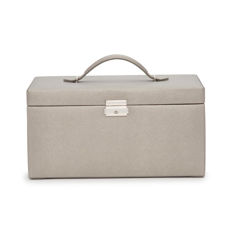 WOLF Heritage Large Jewelry Box Pewter Saffiano  27 Compartments  26 Ring Rolls  Includes Two Travel Cases