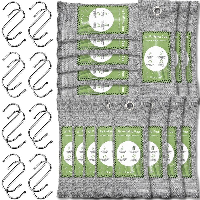 Vitscan 16 Pack Bamboo Charcoal Air Purifying Bag Activated Charcoal Bags Odor Absorber Moisture Absorber Natural Car Air Freshener Shoe Deodorizer Odor Eliminators For Home Pet Closet 16x50g 