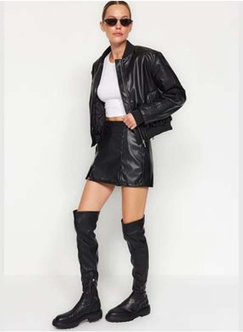 trendyol Black Double Slit Faux Leather Shorts Skirt TWOAW23SR00077