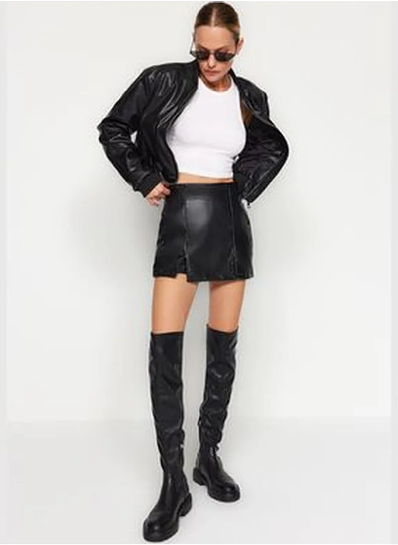 trendyol Black Double Slit Faux Leather Shorts Skirt TWOAW23SR00077
