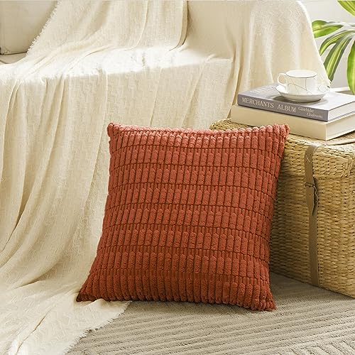 Fancy Homi 2 Packs Burnt Orange Decorative Throw Pillow Covers 22x22 Inch for Living Room Couch Bed Sofa Fall Farmhouse Boho Home Decor Soft Striped Corduroy Square Cushion Case 55x55 cm - Image 3