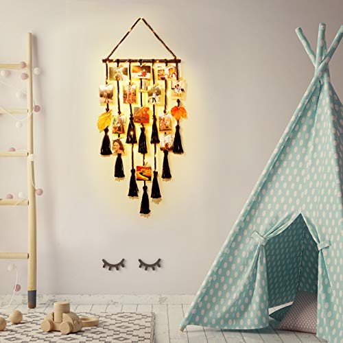 Homecor Hanging Photo Display Wall Decor Black Macrame Hanging Boho Room Decor Picture Frame Collage with Remote Light 30 Clips Bedroom Apartment Home Decor Christmas Mom Grandma Teen Girl Gifts - Image 3