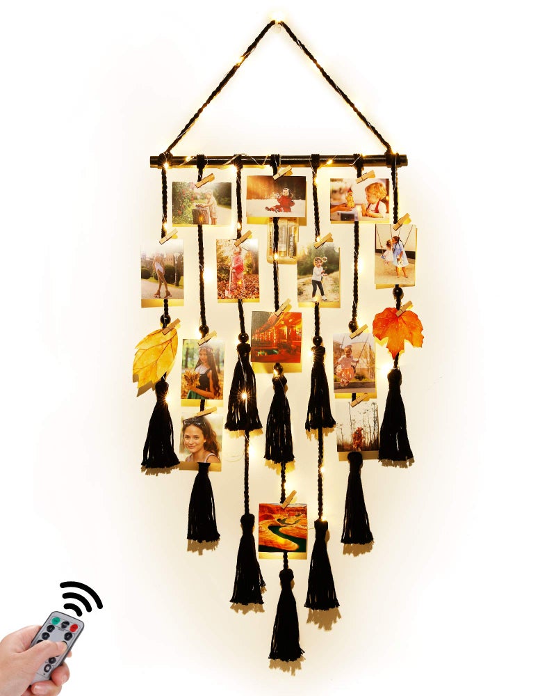 Homecor Hanging Photo Display Wall Decor Black Macrame Hanging Boho Room Decor Picture Frame Collage with Remote Light 30 Clips Bedroom Apartment Home Decor Christmas Mom Grandma Teen Girl Gifts - Image 2
