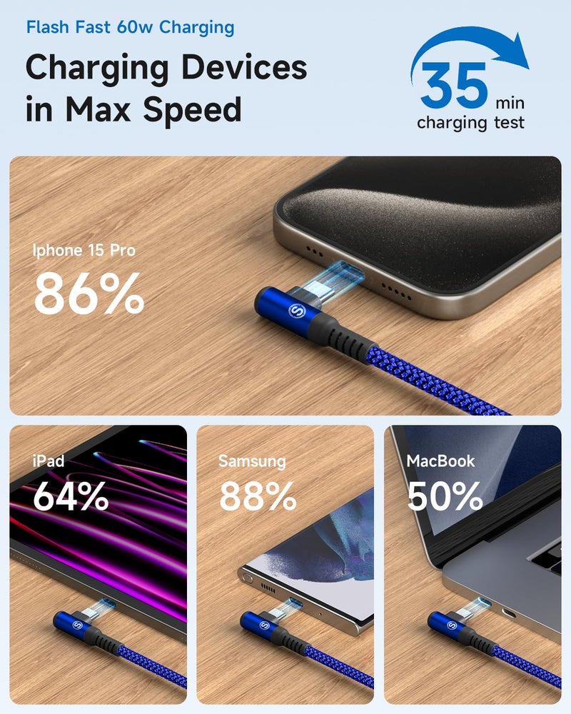sweguard USB C to USB C Cable 90 Degree [2-Pack, 1m] Type-C Cable 60W Fast Charging cable for iPhone 17/16/15, MacBook Pro/Air, iPad Pro, Sam sung Galaxy S26/S25/S24~S8, Sony, Pixel & All Type-C Devices(Blue) - Image 4