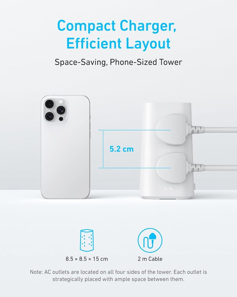 Anker Tower Extension Lead with USB Slots, 12-in-1 Surge Protector Plug Extension Socket with Switch (13A, 2990W), 20W USB C Fast Charging Power Strip, 8 AC Outlets, 4 USB Ports, 2m Extension Cable - Image 5