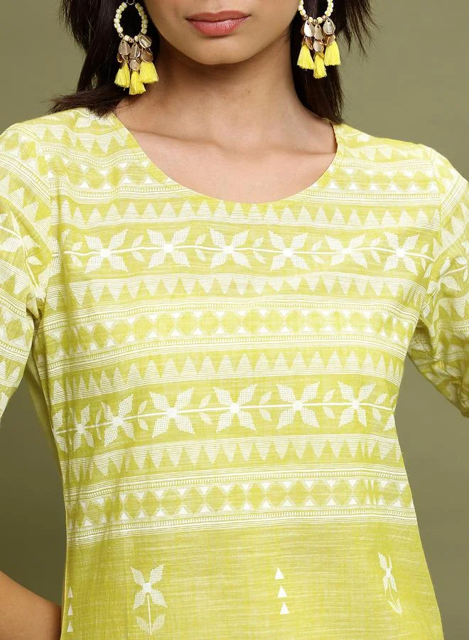 Vishudh Vishudh Geometric Print 3/4 Sleeves Cotton Tunic
