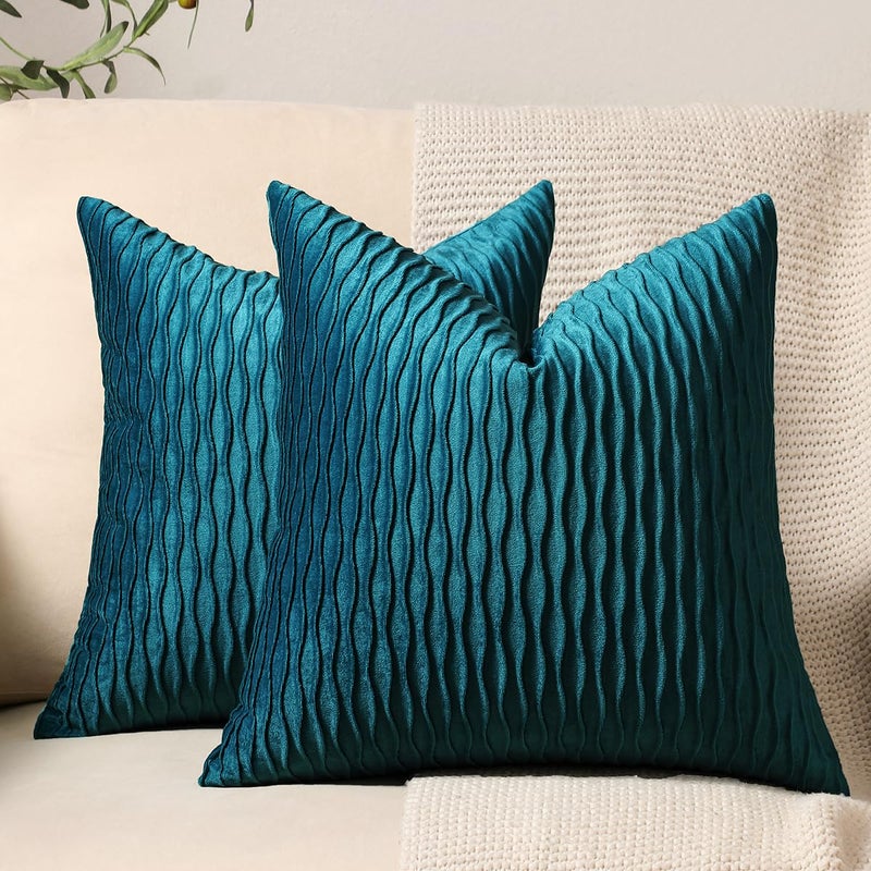 DEZENE 24x24 Teal Throw Pillow Cases 2 Pack Original Striped Velvet Square Decorative Pillow Covers for Farmhouse Couch