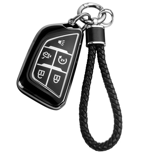 JOYEAR for Cadillac Keychain with Key Fob Cover Compatible with 20202025 ATS CT5 CT6 XT4 XT5 XTS 5ButtonsSilverBlack - Image 1