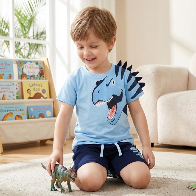 Bumeex Toddler Boys Clothes Outfits Easter Dinosaur Cute Spring Summer Cotton Short Sleeve T-Shirt Tee And Short Clothing Set Lt Blue 4t - Image 3