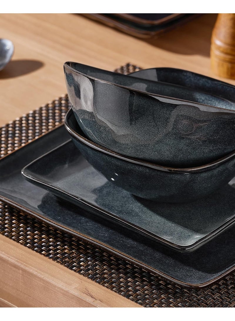 Famiware Dinnerware Sets for 4, Ocean Square 12-Piece Kitchen Plates and Bowls Sets, Reactive Glaze, Microwave and Dishwasher Safe, Scratch Resistant, Grey - Image 2