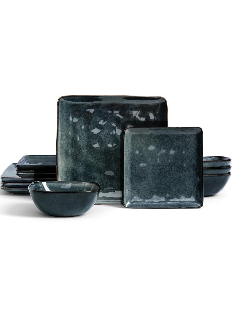Famiware Dinnerware Sets for 4, Ocean Square 12-Piece Kitchen Plates and Bowls Sets, Reactive Glaze, Microwave and Dishwasher Safe, Scratch Resistant, Grey - Image 1