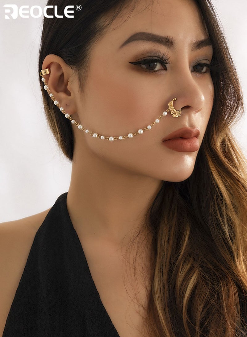 REOCLE Women's Faux Pearl & Metal Chain Face Jewelry with Ear Cuff & Nose Ring Bohemian Statement Body Chain for Festivals Events & Everyday Wear - Image 1
