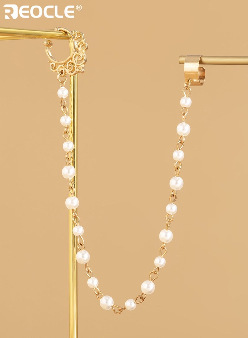 REOCLE Women's Faux Pearl & Metal Chain Face Jewelry with Ear Cuff & Nose Ring Bohemian Statement Body Chain for Festivals Events & Everyday Wear - Image 4