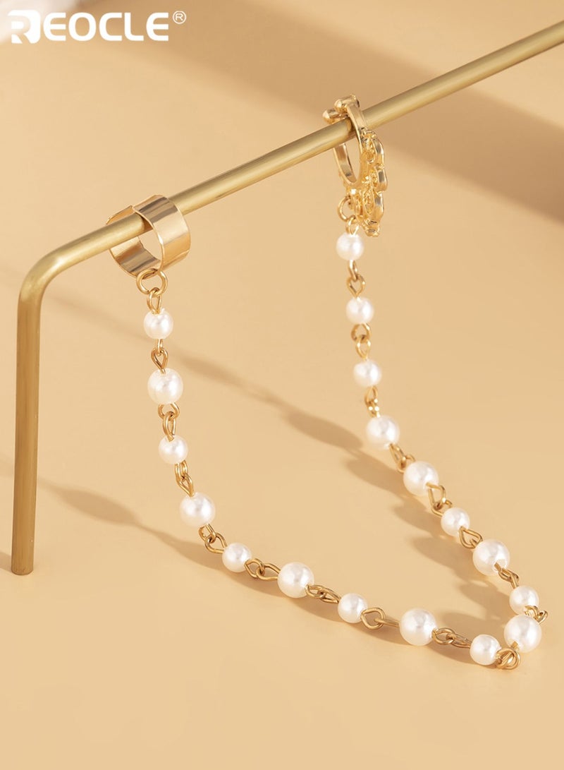 REOCLE Women's Faux Pearl & Metal Chain Face Jewelry with Ear Cuff & Nose Ring Bohemian Statement Body Chain for Festivals Events & Everyday Wear - Image 3