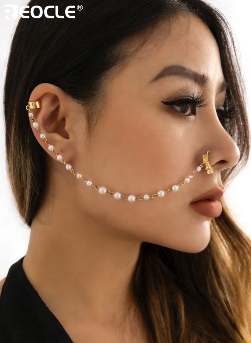 REOCLE Women's Faux Pearl & Metal Chain Face Jewelry with Ear Cuff & Nose Ring Bohemian Statement Body Chain for Festivals Events & Everyday Wear - Image 2