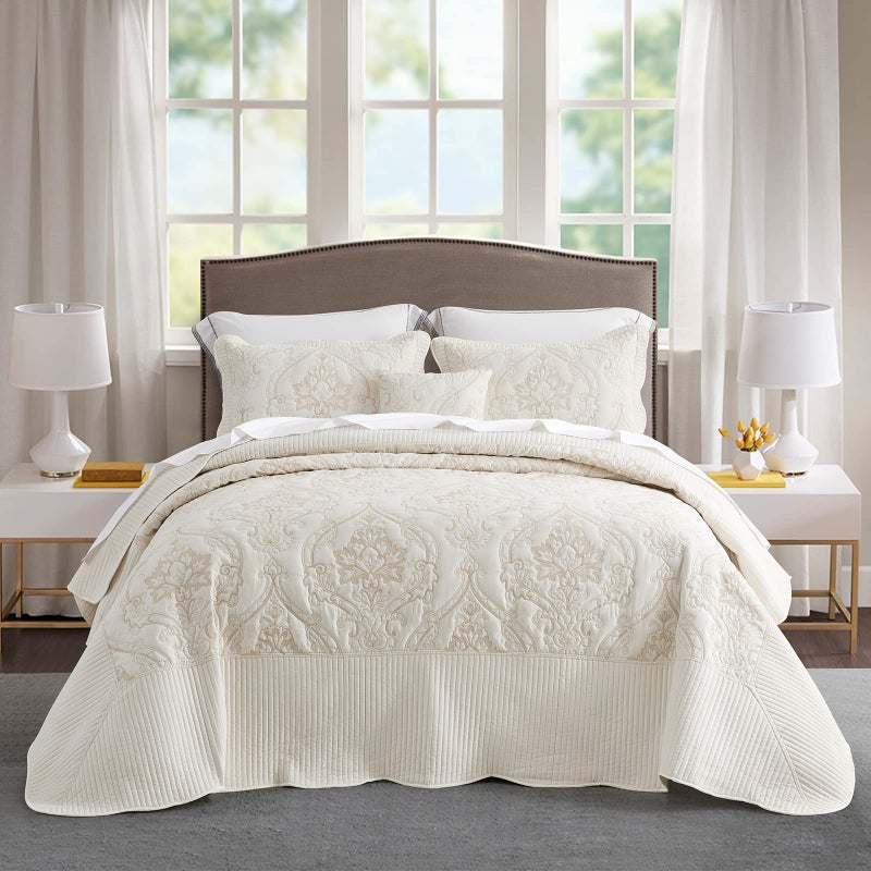 CHIXIN Oversized Bedspread Coverlet Set King Size  Lightweight Bedding Cover  Beautiful Stitching  4 Piece Reversible Bedspread  Gorgeous Damask Paisley Pattern King IvoryYellow