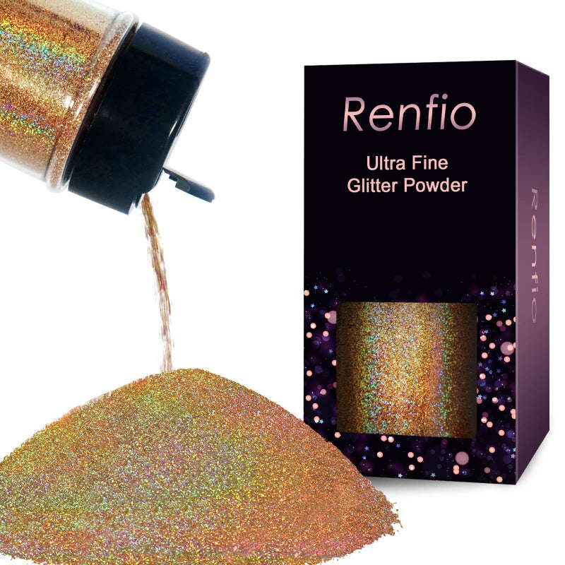 Renfio Holographic Ultra Fine Glitter Powder Metallic Resin Glitter 2.11 Oz (60g) PET Flakes Crafts Sequins 1/128" 0.008" 0.2mm Epoxy Chips Flakes for Tumblers Slime - Diamond Laser Gold - Image 1
