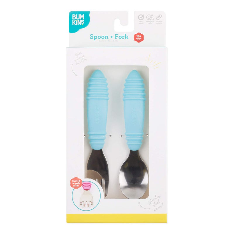 Bumkins Toddler Utensils, Kids Size Fork and Spoon Set, Silicone and Stainless-Steel Training Silverware, Angled Forks / Sporks for Self-Feeding, Children Hold Learning to Eat, 18 Months Up, Blue - Image 4
