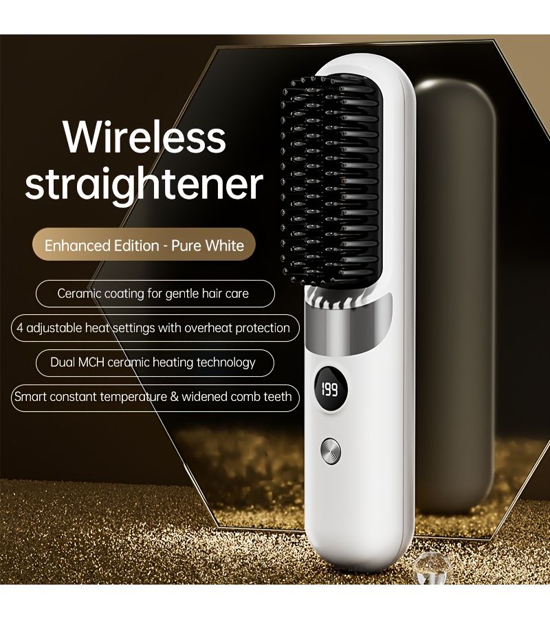Pure White Wireless Straightening and Curling Brush With LED Display USB Rechargeable Auto Shutoff for All Hair Types - Image 2