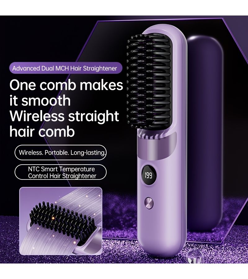 Pure White Wireless Straightening and Curling Brush With LED Display USB Rechargeable Auto Shutoff for All Hair Types - Image 1