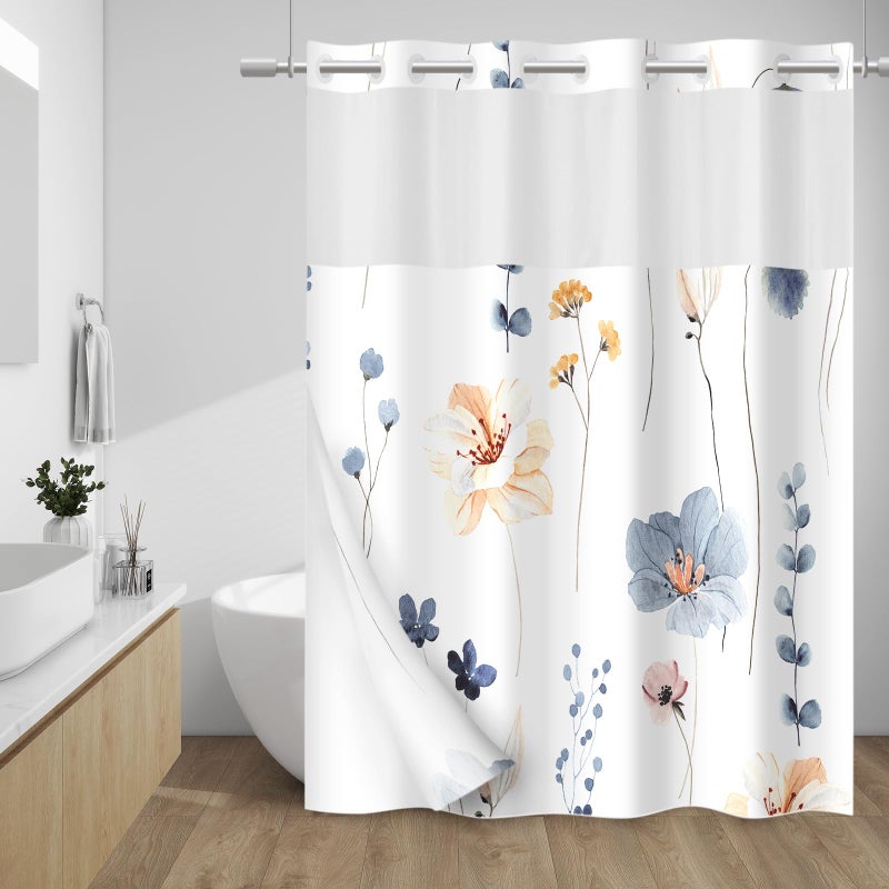 WITHLOC No Hook Shower Curtain with Snap in Liner  Watercolor Floral Shower Curtain  Fabric Waterproof Inner Liner Plants Blue Beige Flowers White Cloth Shower Curtains Washable 71 x 74 Inch