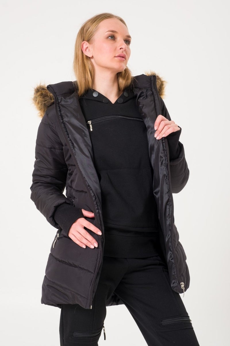 Barbora معطف نسائي شتوي مبطن مع قفازات وغطاء رأس من الفرو TR121BLACK  - Image 2