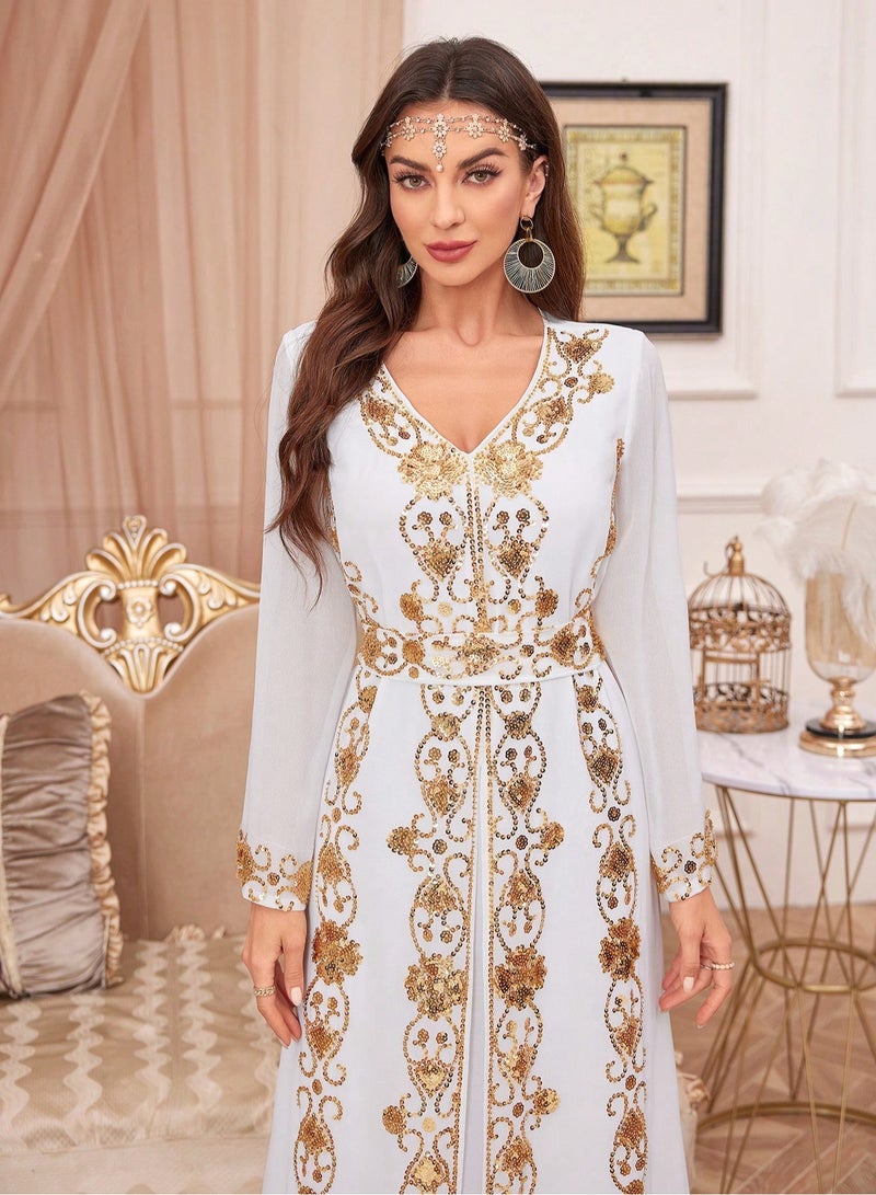 إسكدنيا مطرز الخامس الرقبة العربية مربوط الخصر تنورة طويلة وكاحل Abaya فساتين نسائية - Image 4