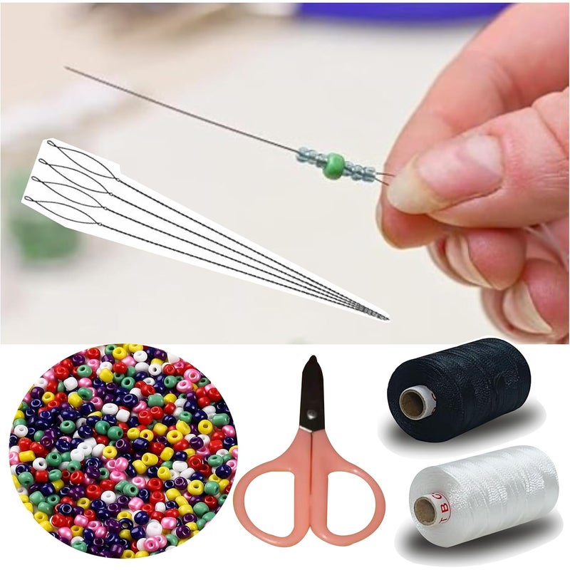 Domick 8 Pcs Stainless Steel Collapsible Eye Beading Needles 0.30MM, 12 No 51MM 4 Pcs Extra Long Beading Needle, 2.25 Inch Scissor 1 Pcs, 12 No Multicolor Beads 25 Grm, 2 Ply Nylon Thread 1000 Meter Black & White for Beading Jewellery and Craft Making, - Image 3