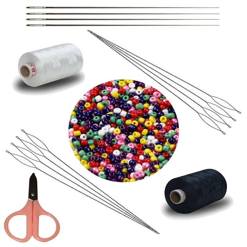 Domick 8 Pcs Stainless Steel Collapsible Eye Beading Needles 0.30MM, 12 No 51MM 4 Pcs Extra Long Beading Needle, 2.25 Inch Scissor 1 Pcs, 12 No Multicolor Beads 25 Grm, 2 Ply Nylon Thread 1000 Meter Black & White for Beading Jewellery and Craft Making, - Image 1