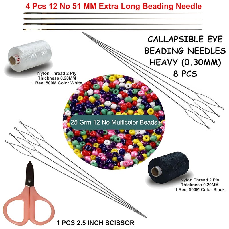 Domick 8 Pcs Stainless Steel Collapsible Eye Beading Needles 0.30MM, 12 No 51MM 4 Pcs Extra Long Beading Needle, 2.25 Inch Scissor 1 Pcs, 12 No Multicolor Beads 25 Grm, 2 Ply Nylon Thread 1000 Meter Black & White for Beading Jewellery and Craft Making, - Image 2
