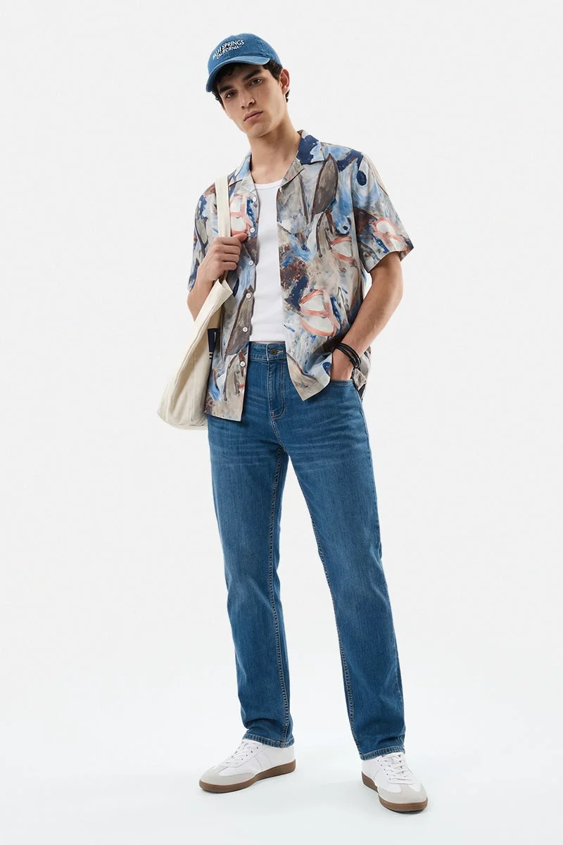 سنيتش Light Blue Abstract Half Sleeve Boxy Shirt
