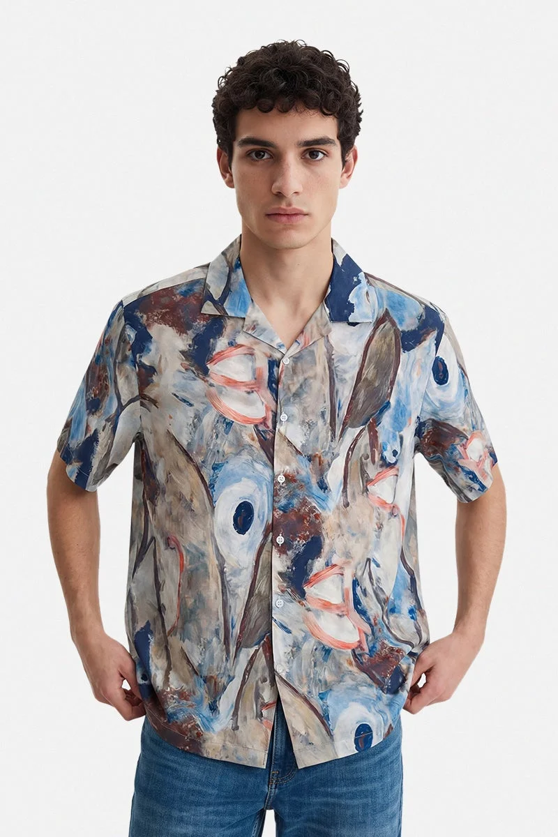 سنيتش Light Blue Abstract Half Sleeve Boxy Shirt
